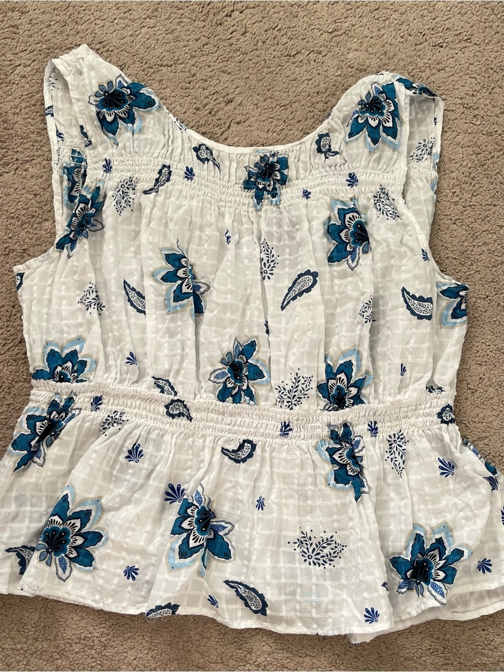 LOFT Lightweight Paisley Plaid Short Sleeve Smocked Peplum Top | Size XL - Picture 4 of 8